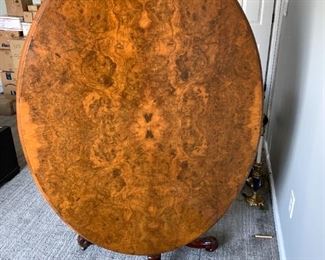 Tilt Top Table Burled Veneer Top Carved Pedestal
