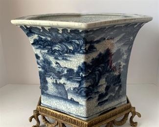 Hexagonal Blue and White Planter Pot with Brass