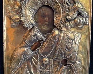 Russian icon, elaborate brass Riza in 14 1/2" 14