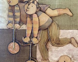 J Roy Baz "Kids on Scooters" acrylic on canvas.