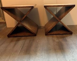 Pr burled veneer x-base side tables; 22" tall,