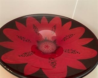 Large red carved flower art glass bowl; 20" x 5"