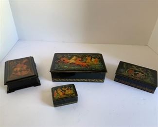 Vintage Black Lacquer Folk Art Russian Boxes 