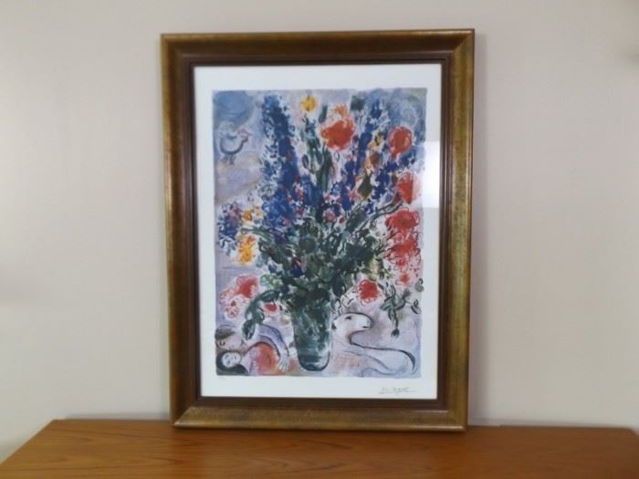 Authentic Pencil Signed Marc Chagall Framed Bouquet Print #103/500