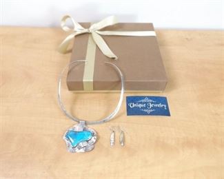 .925 Sterling Silver Large Hand Hammered Turquoise Omega Necklace and Earring Set (65 Grams)