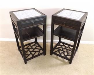 2 Antique Asian Themed Wood Tables w/Ceramic Tops