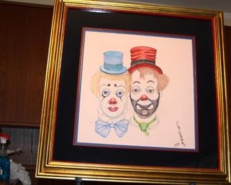 Item #11 - Original Pastel painting by RED SKELTON titled Mr. & Ms. Clown signed lower right corner 1983 (w/picture of Red Skelton holding canvas painting before framing on back) - painting 20" x 21" frame 31" x 31 1/2" - $6,000
