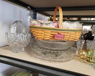 Wahla!  Longaberger Basket with signage on bottom.  Includes plastic liner and custom made linen, right next to a Lead Crystal Basket