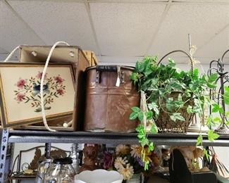 Needlepoint, Rustic box with rope, a large coal/wood bucket and a some greenery