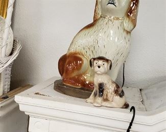 Pair of Antique English Staffordshire Spaniels Lamps.  Small figurine sold separately