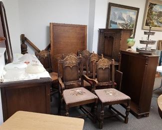Antique Dining Set with Side Buffet, Hutch, Table and 6 chairs.