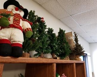small tabletop Christmas trees and Standing Snowman
