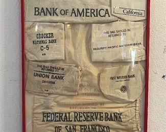 Framed vintage bank cash deposit bags