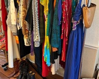 Assortment of vintage, modern, and designer clothing and shoes