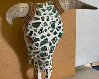 Mosaic Tiled Steer Skull Artist Made Real Cow Green	19x18.5x8in	HxWxD
