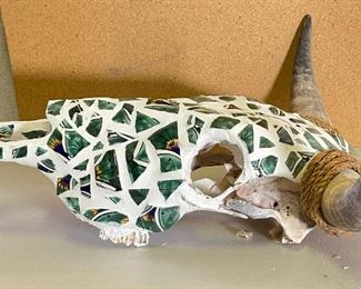 Mosaic Tiled Steer Skull Artist Made Real Cow Green	19x18.5x8in	HxWxD
