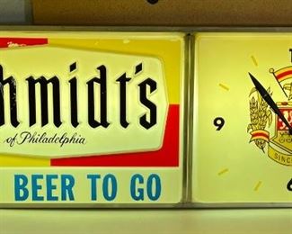 1960s Schmidt's Clock Sign Cold Beer To Go Schmidts	14x36.5x5in	HxWxD

