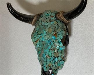 Turquoise Mosaic Steer Skull Artist Made Real Cow Green	19x18x6in	HxWxD

