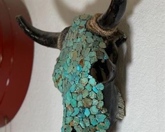 Turquoise Mosaic Steer Skull Artist Made Real Cow Green	19x18x6in	HxWxD
