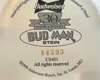 1999 Budweiser Stein Limited Edition BUD MAN 30th ANNIVERSARY CS401	10x5x7.5in	HxWxD
