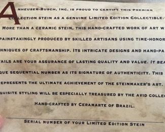 1999 Budweiser Stein Limited Edition BUD MAN 30th ANNIVERSARY CS401	10x5x7.5in	HxWxD

