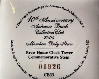 Anheuser-Busch Brew House Clock Tower Stein 10th Anniversary Collector Club 2005 #CB33	10.5x4.25x6in	HxWxD

