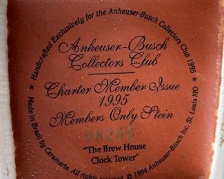 Anheuser Busch Brew House Stein 1995 Collectors Club Charter Member Only Brew House Clock Tower Stein"	9.25x4x6in	HxWxD
