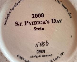 2008 Anheuser-Busch Budweiser St. Patrick’s Day Stein CS679	8.25x4x5.5in	HxWxD
