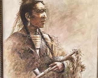 Original Art Native American Portrait  Peace Pipe	Frame: 30.74x26.5in<BR> Image: 23-5 x 19.5in	

