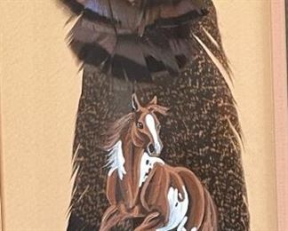 Original Art Hair Painted Feather Horse Painting	Frame: 22x11in	
