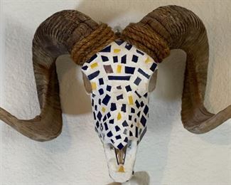 Mosaic Tiled Ram Skull Artist Made Real Cow Blue/Yellow	10 x 19 x 8. 5in	HxWxD
