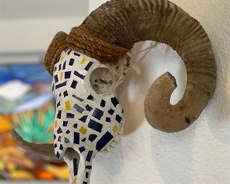 Mosaic Tiled Ram Skull Artist Made Real Cow Blue/Yellow	10 x 19 x 8. 5in	HxWxD
