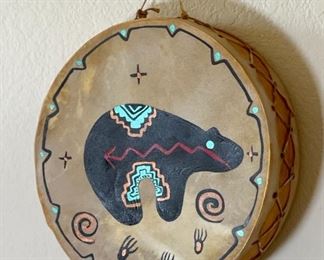 CJ Prophet Zuni Bear Rawhide Drum  Native American Art	3in H  x 11.5in diameter	
