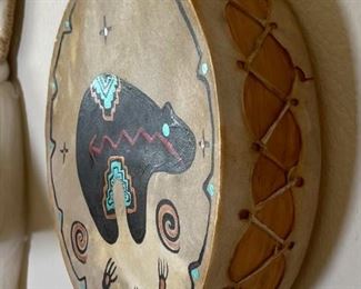 CJ Prophet Zuni Bear Rawhide Drum  Native American Art	3in H  x 11.5in diameter	

