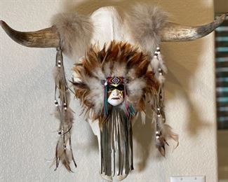 Artist Made Steer Skull Native American Face Art Cow	23x22x12in	HxWxD
