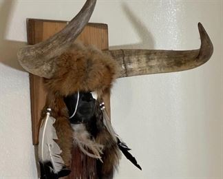 Artist Made Steer Horns Native American Face Art Cow	16x25x18in	HxWxD
