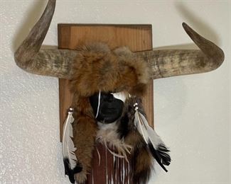 Artist Made Steer Horns Native American Face Art Cow	16x25x18in	HxWxD
