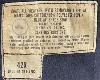 1970s US Air Force Trench Coat Cold Weather Jacket Vietnam Military Dress Blue	$42R	
