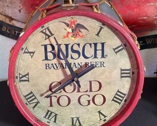 Busch Bavarian Beer Drum Clock Sign Patriotic Advertising Anheuser Busch	15 deep by 13” diameter	
