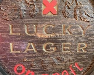 1960s Lucky Lager Beer on Draft Barrel/Keg Sign	5.25in D x 19.5in Diameter	
