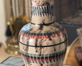 Ernest John Navajo Horse Hair Pottery Vase Native American	18 in H x 5.75 in Diameter at rim	
