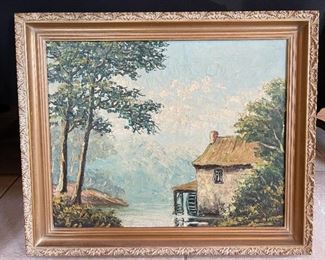 Original Art Antique Painting River Mill	frame: 19x23.5x2in	HxWxD
