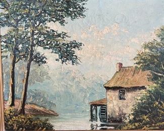 Original Art Antique Painting River Mill	frame: 19x23.5x2in	HxWxD
