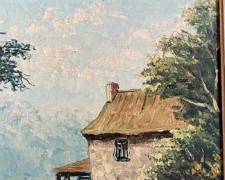 Original Art Antique Painting River Mill	frame: 19x23.5x2in	HxWxD
