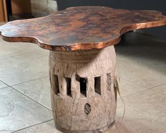 Rustic Coper Wagon Wheel Hub Side Table	16x25x25in	HxWxD
