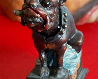 Reproduction Cast Iron Bank Ole Puffer Bulldog Dog Mechanical Cigar Nickels	8x3x6in	
