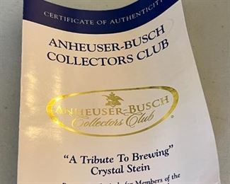 Rare 2007 Anheuser Busch "A Tribute To Brewing" Crystal Membership Stein with COA	12x5.5in W	
