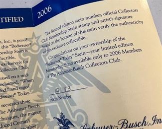 ANHEUSER BUSCH Budweiser Today 2006 Collector's Club Porcelain Stein	9.5x6.25in W	
