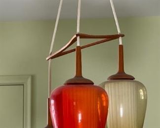 1960s Vintage MCM Teak Wood Tri Pendant Colored Glass Light Fixture Triple Chandelier Lamp 3-tier Mid Century Modern		
