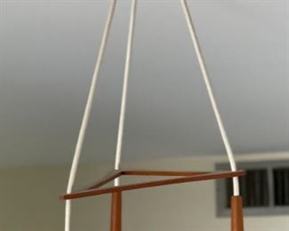 1960s Vintage MCM Teak Wood Tri Pendant Colored Glass Light Fixture Triple Chandelier Lamp 3-tier Mid Century Modern		
